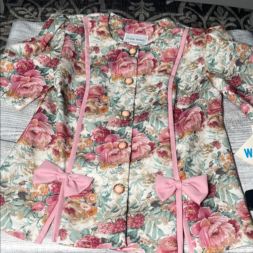 Floral Button-Up Jacket with Pink Bows